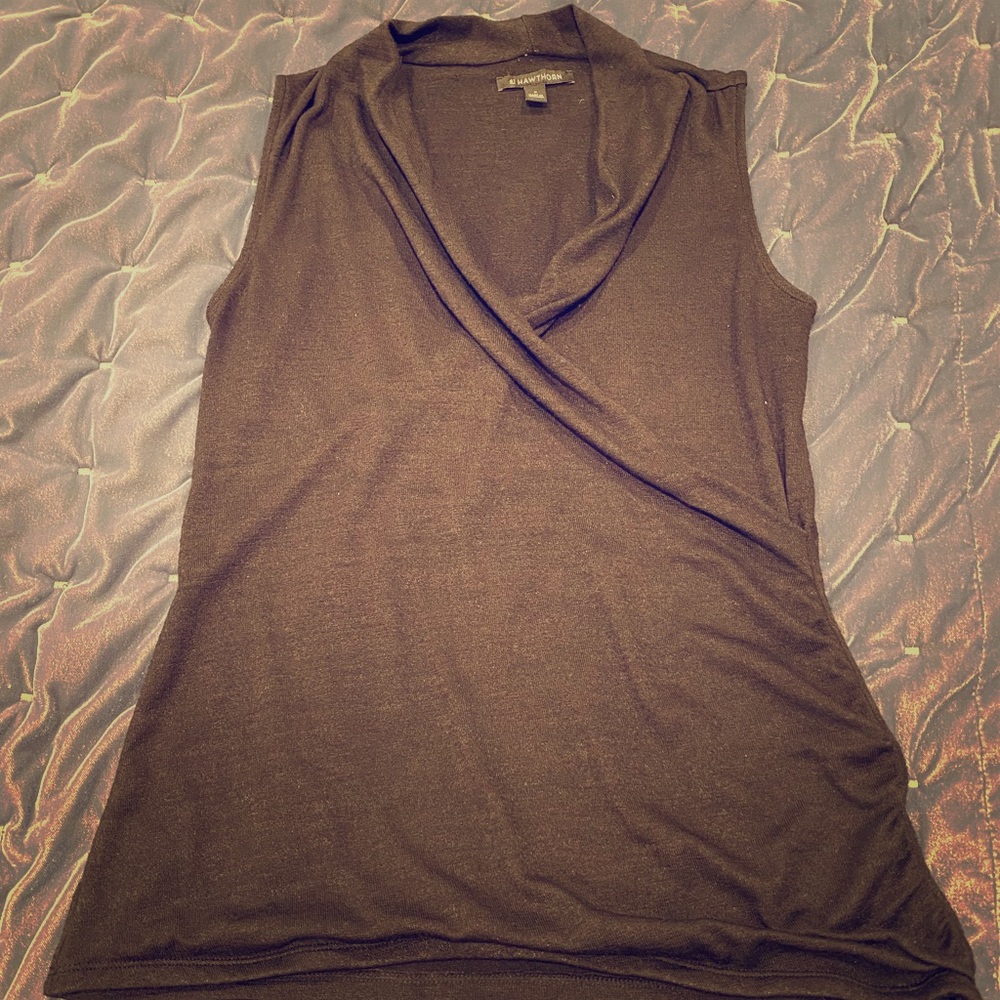 Black knit faux-wrap sleeveless top